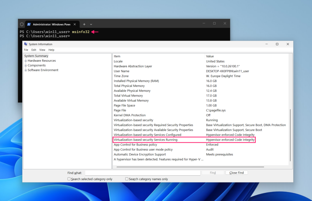Check if kernel mode is active in msinfo
