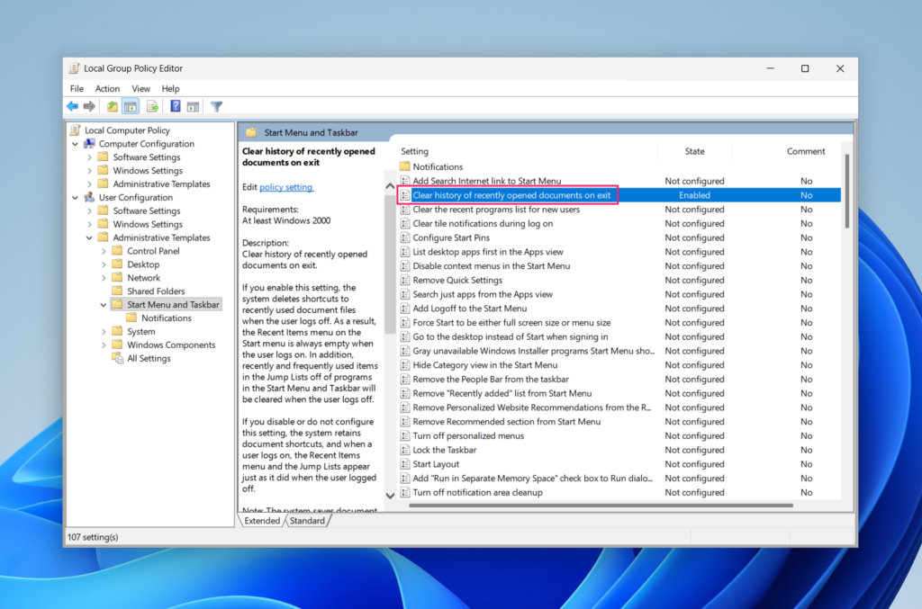 Clear history of recently opened documents on exit