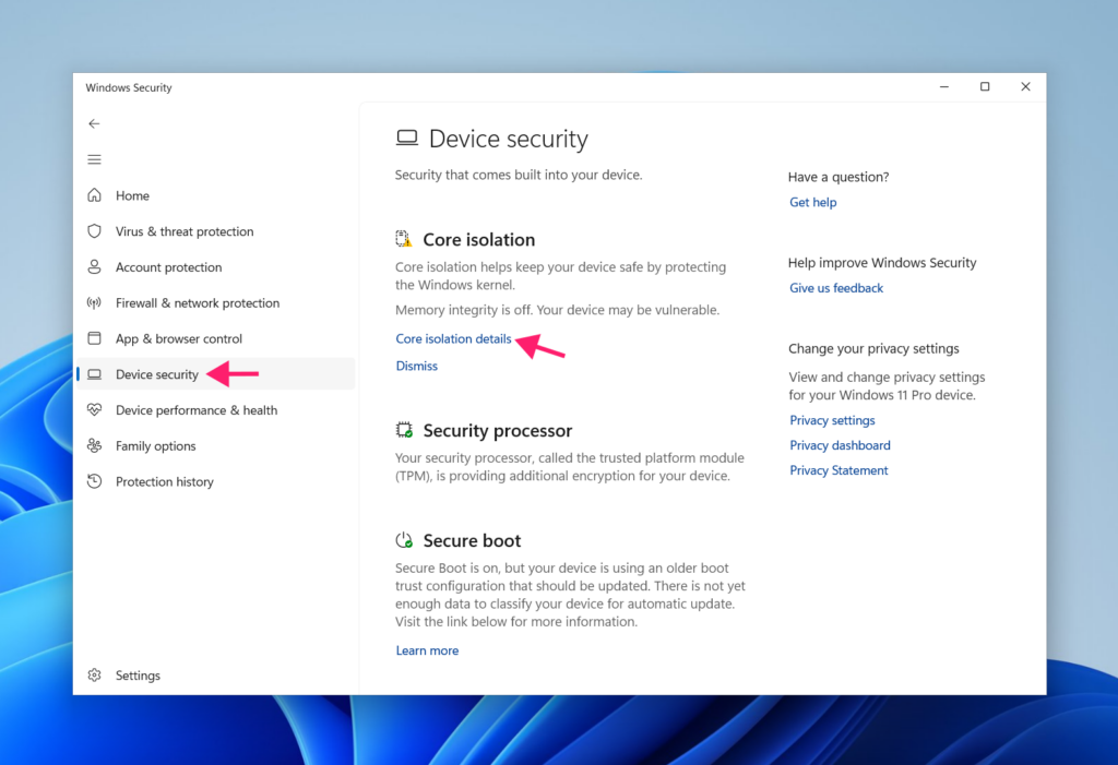 Core isolation details in Device Security