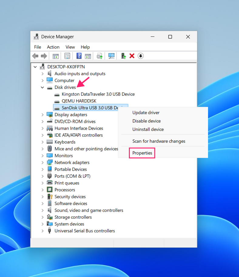 Device properties in Device Manager