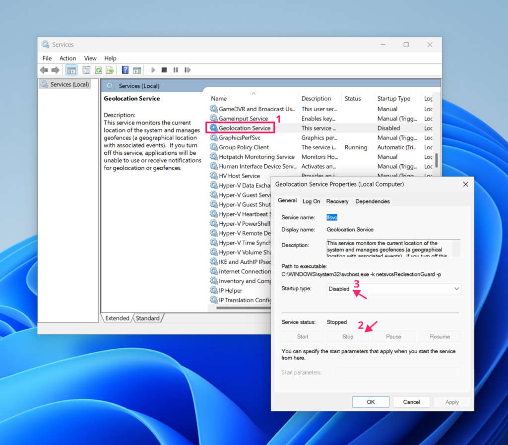 Disable location services via Services snap-in
