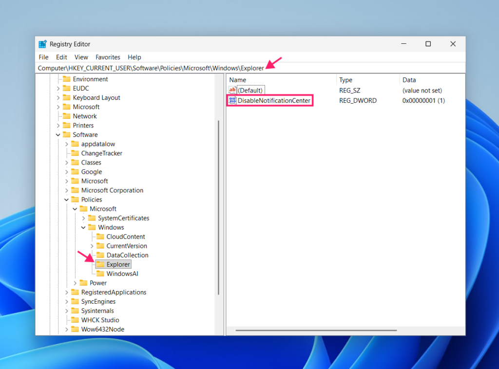 DisableNotificationCenter key in registry