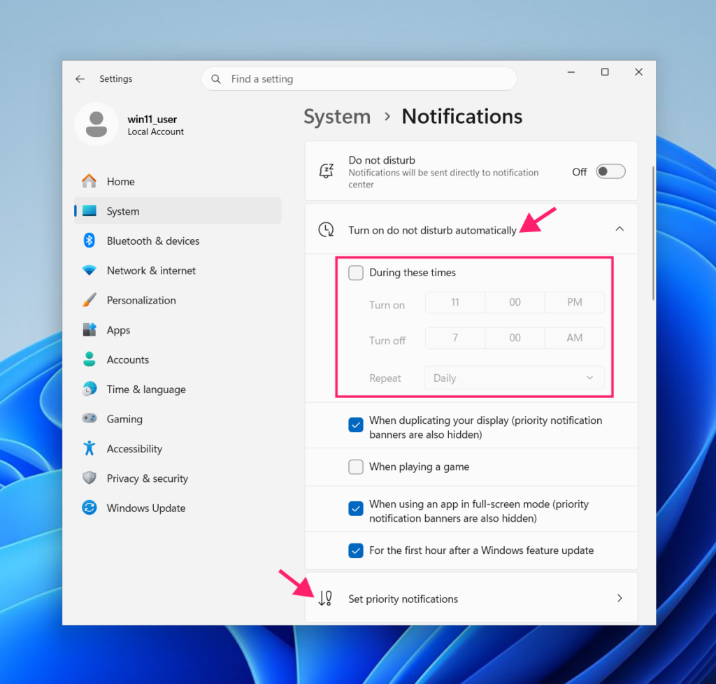 Enable automatic Do not disturb times