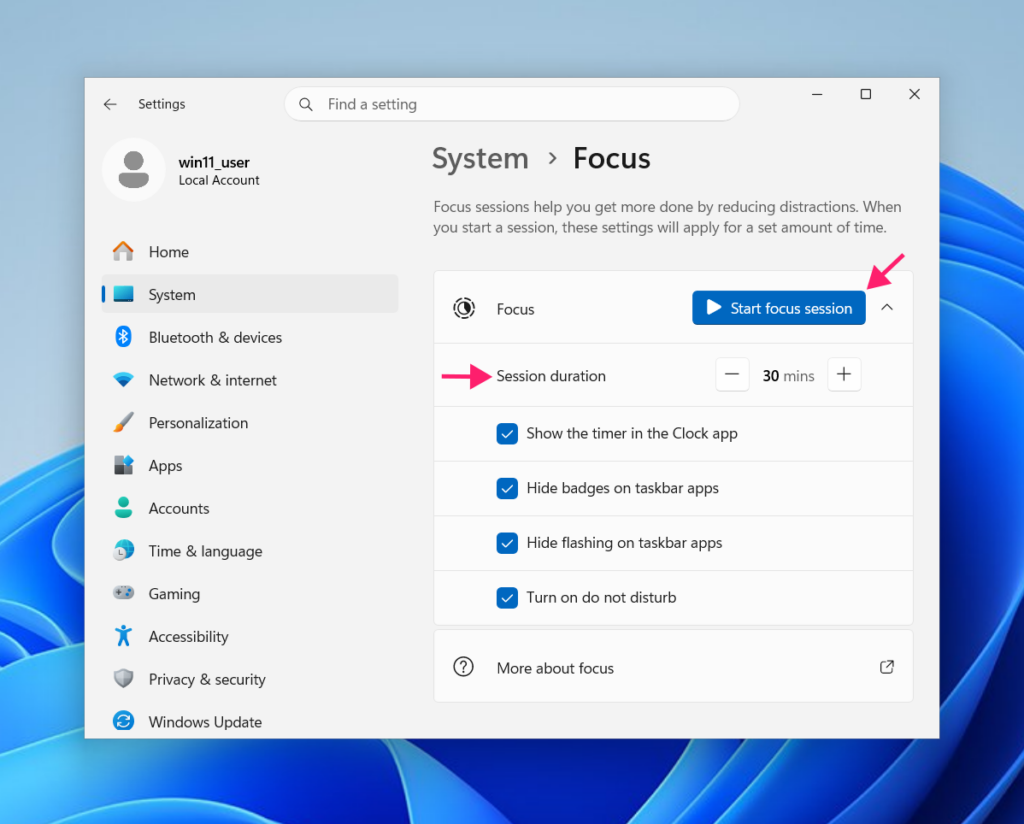 Focus session from Windows Settings