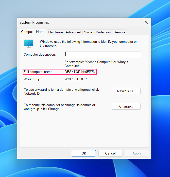 Full computer name in System Properties
