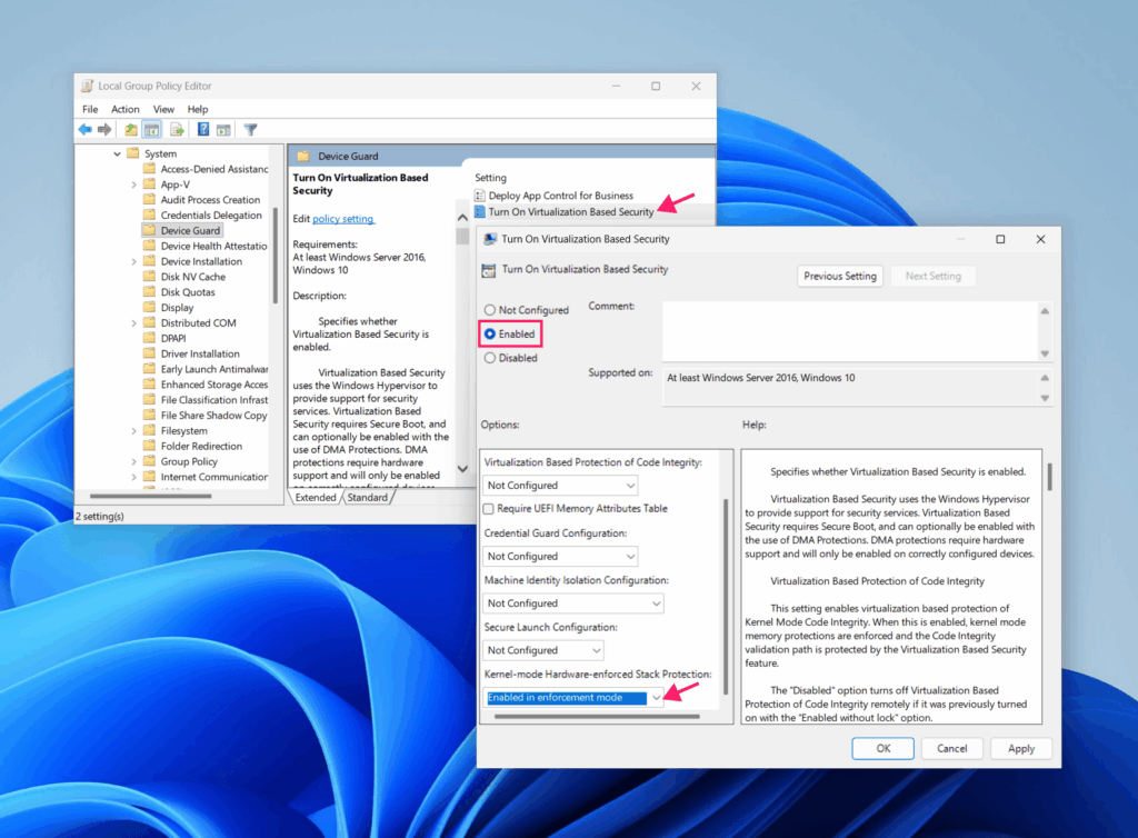 GPO settings for enabling Kernal-mode Hardware-enforced Stack Protection