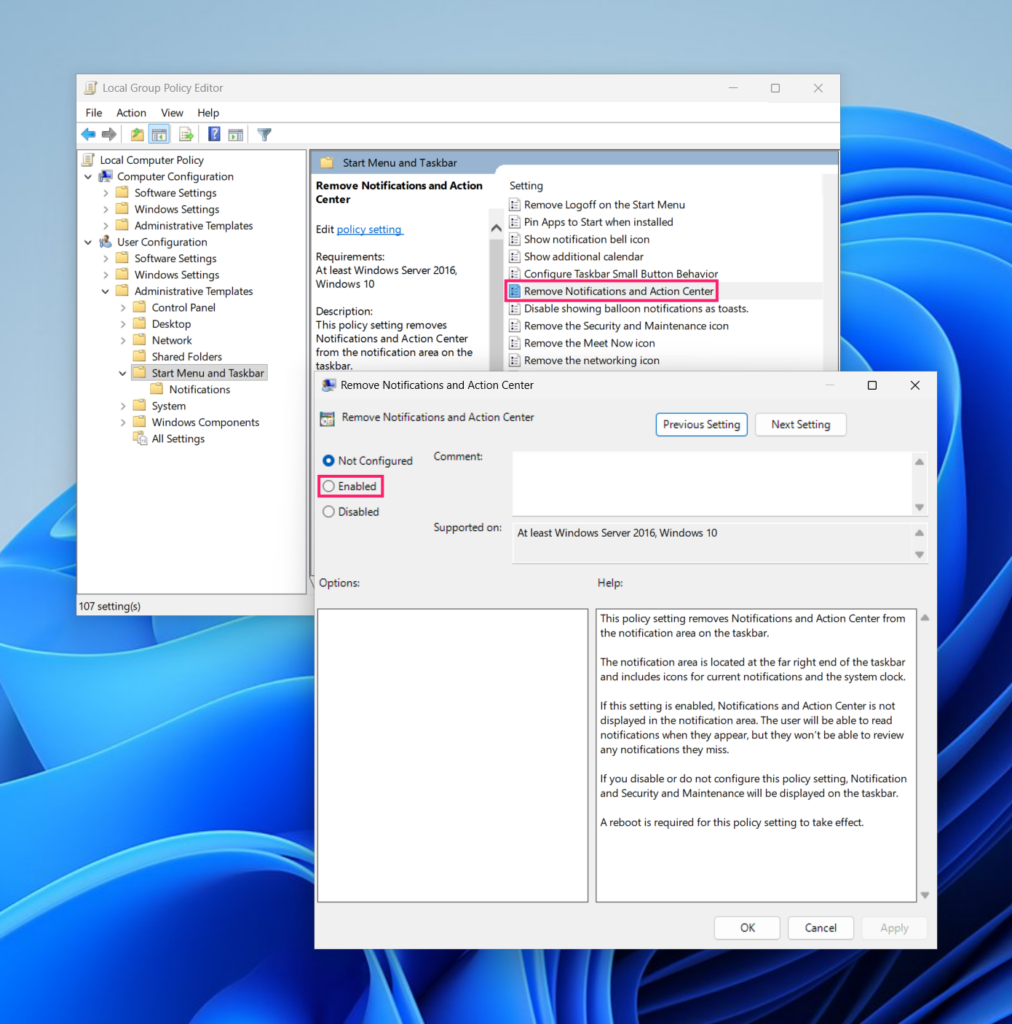 GPO to remove notificatons and Action Center
