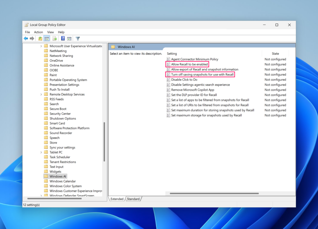 Group policy for disabling Recall Snapshots
