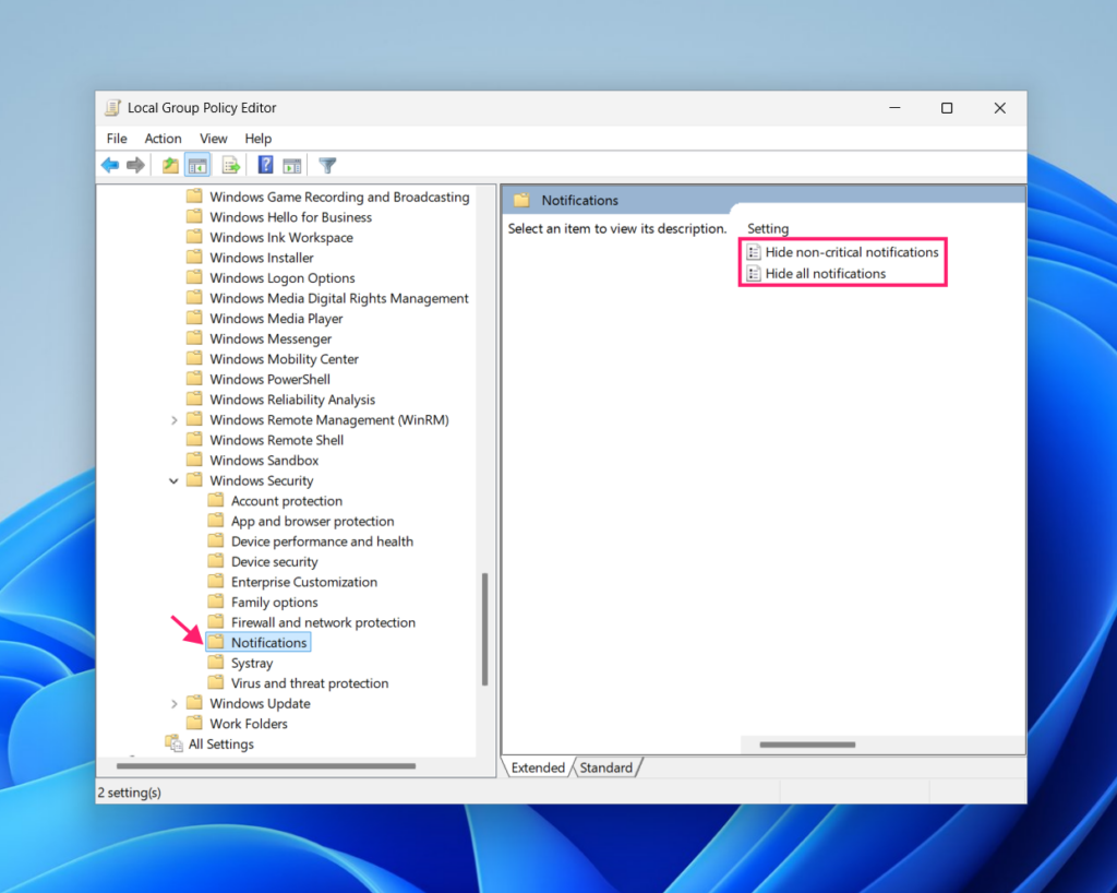 Hide all notifications from gpedit
