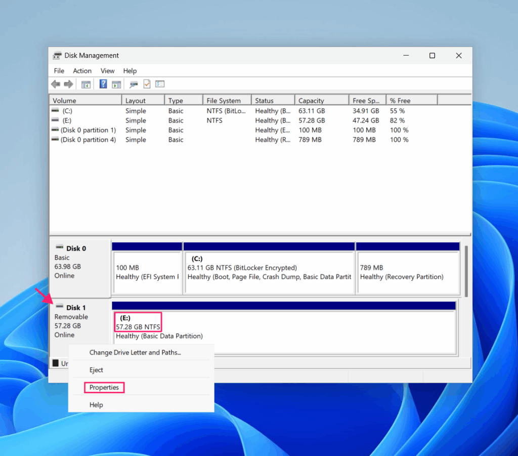 Locate removable drive in Disk Management