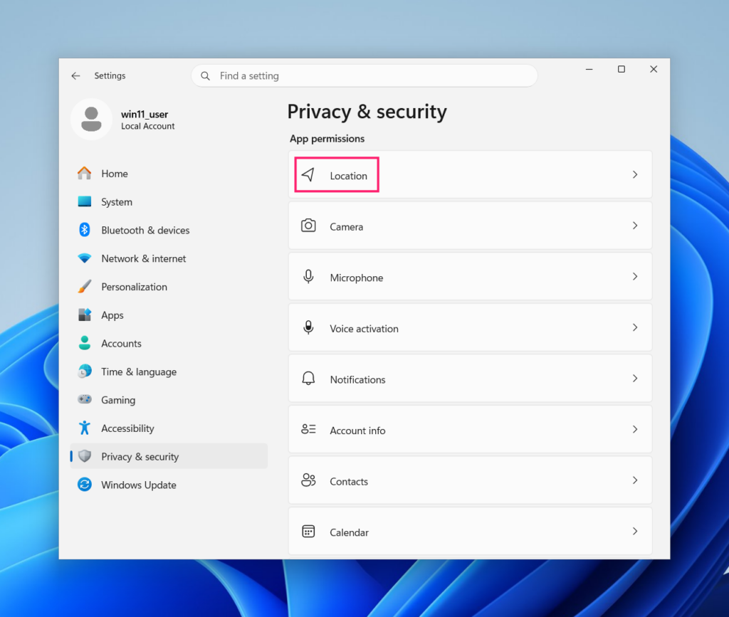 Location settings in Privacy and Security