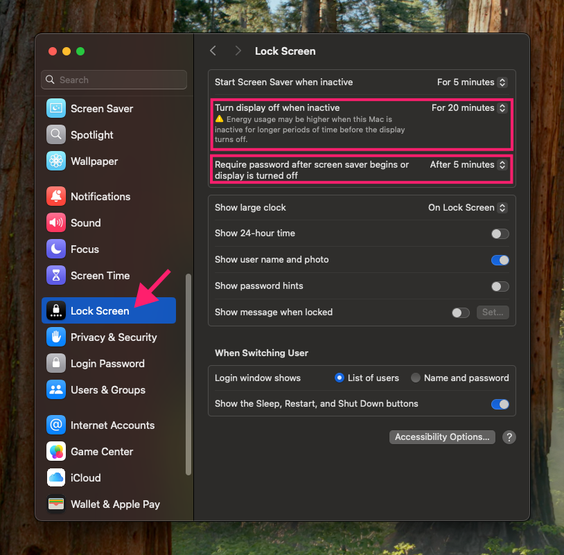 Lock screen settings in macOS Lock screen settings in macOS