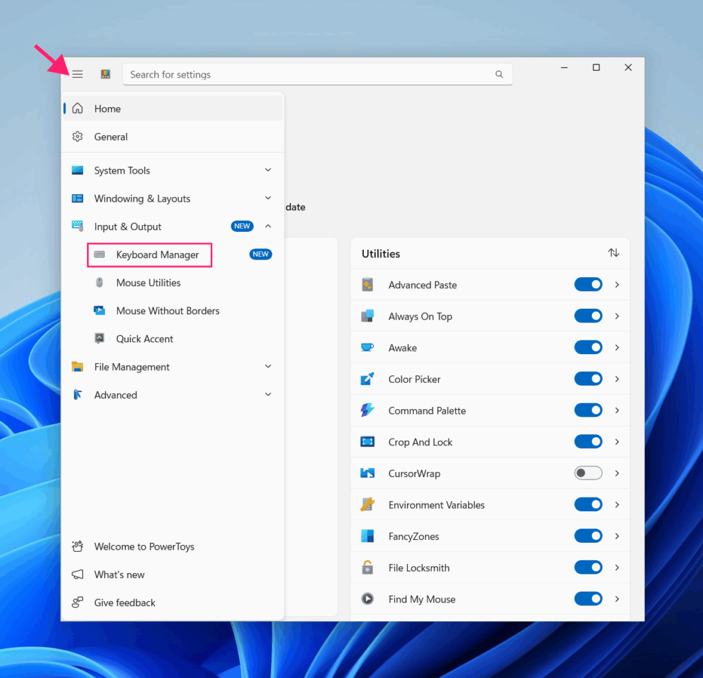 Navigate to Keyboard Manager