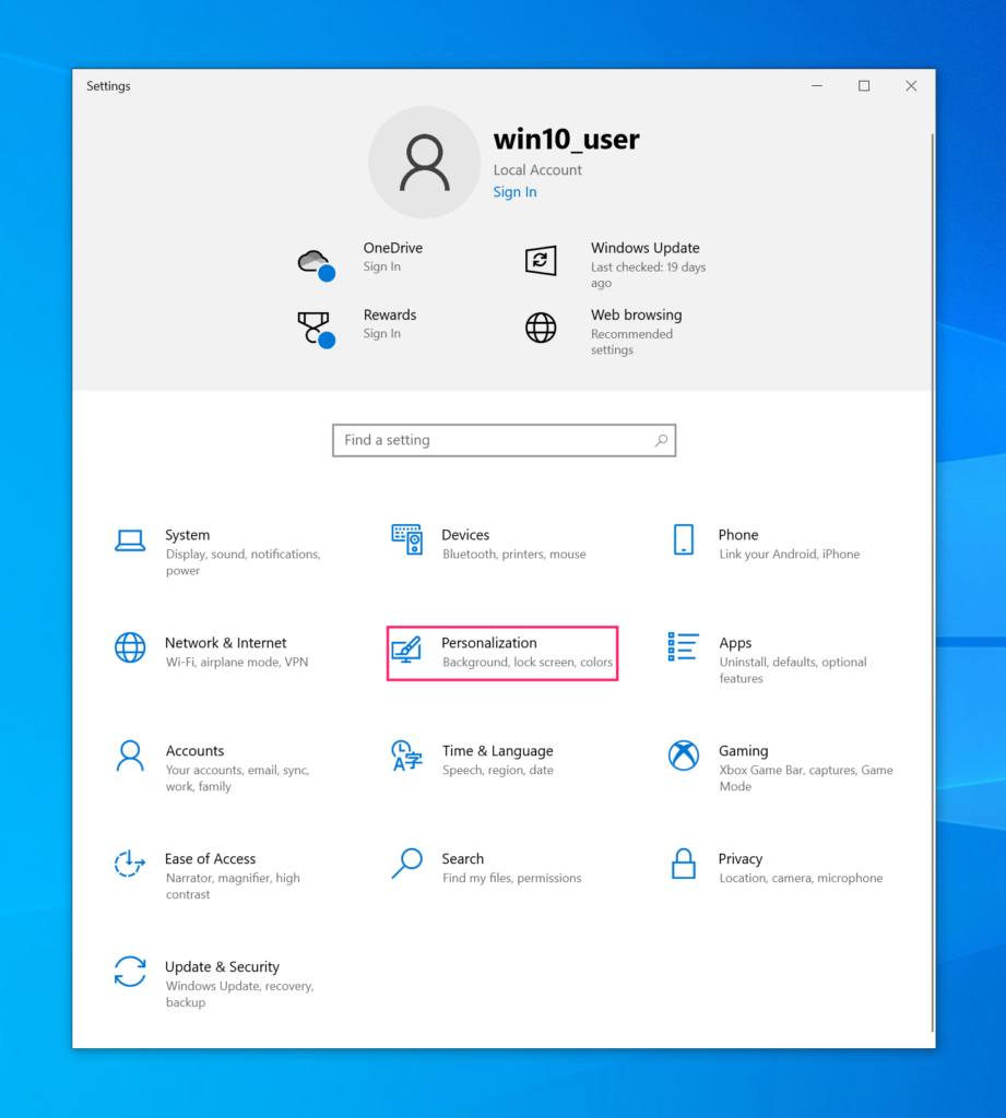 Personalization settings in Windows 10 Personalization settings in Windows 10