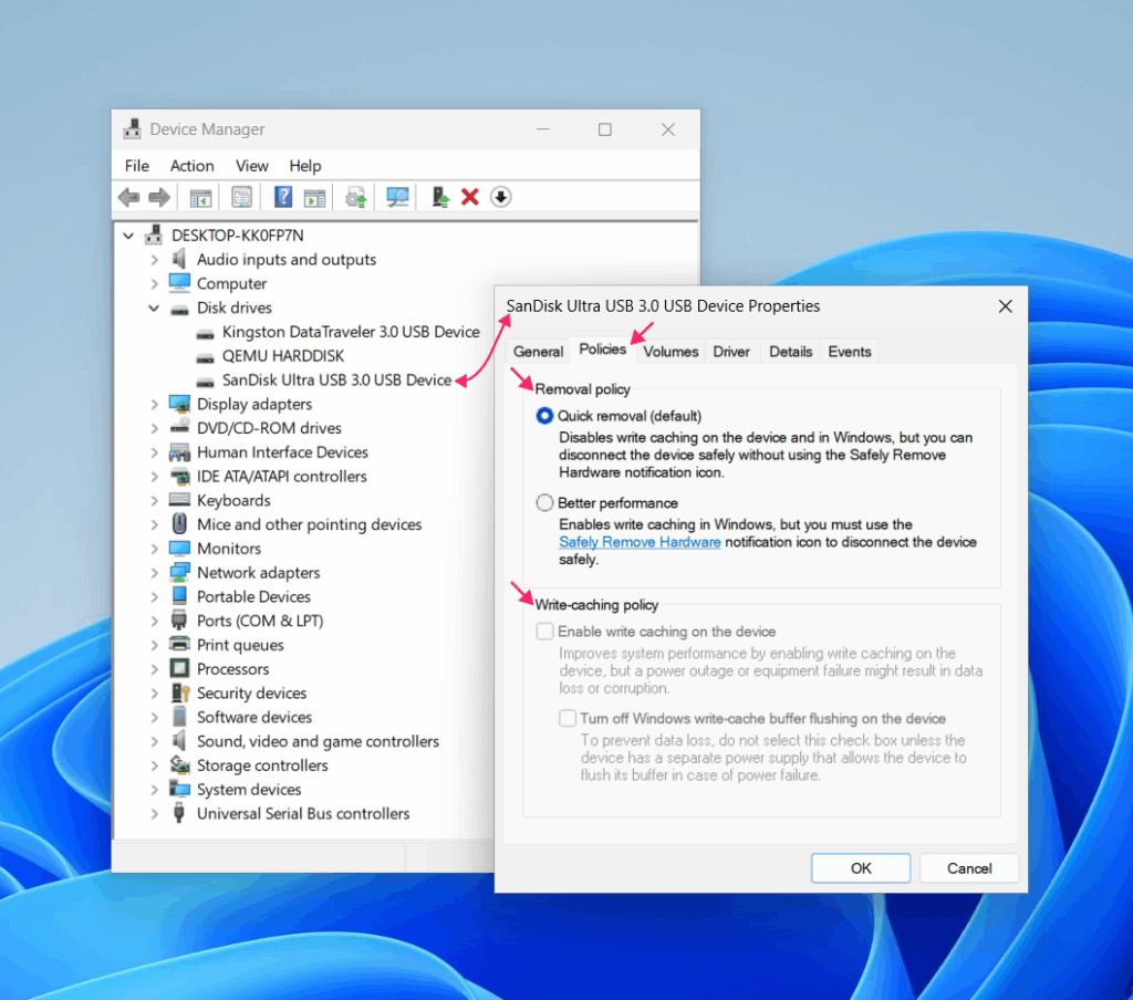 Policies tab in Device Manager