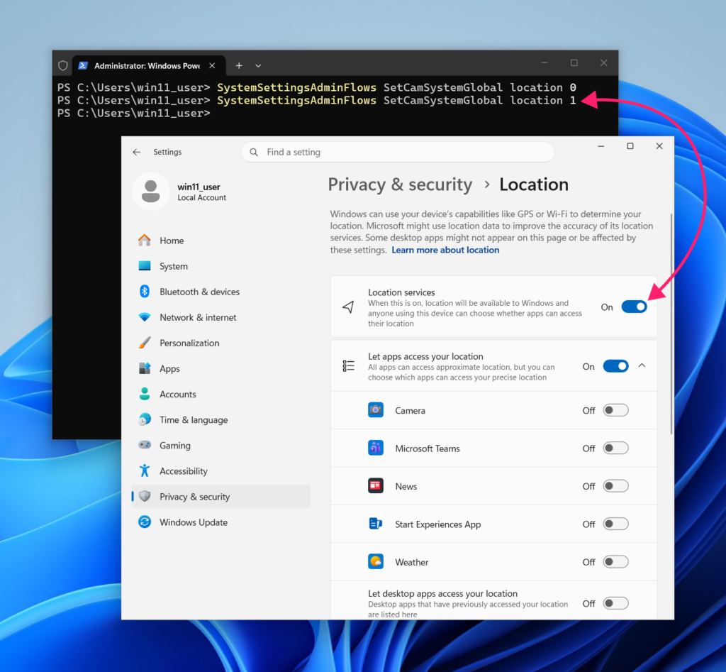 PowerShell command to alter Windows location services