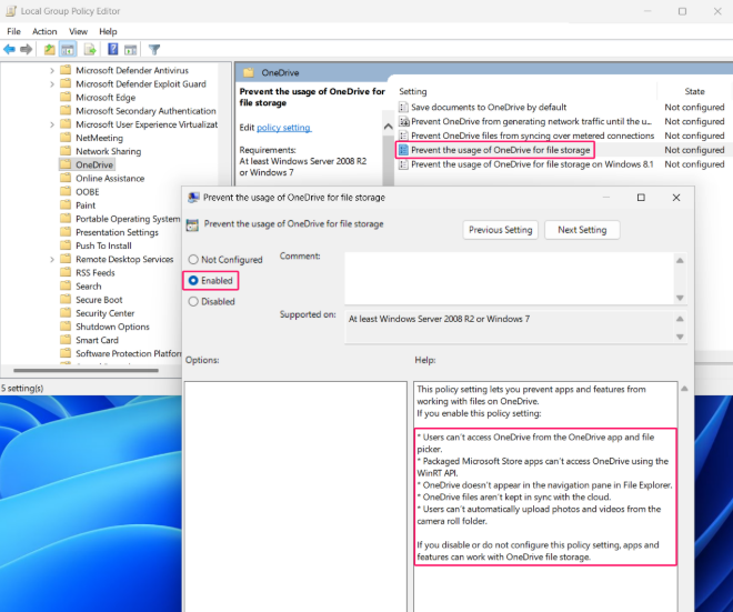 Prevent the usage of OneDrive for file storage