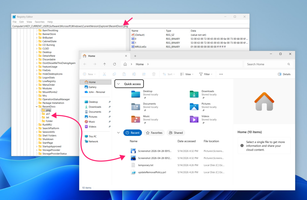 Recent files section in Registry