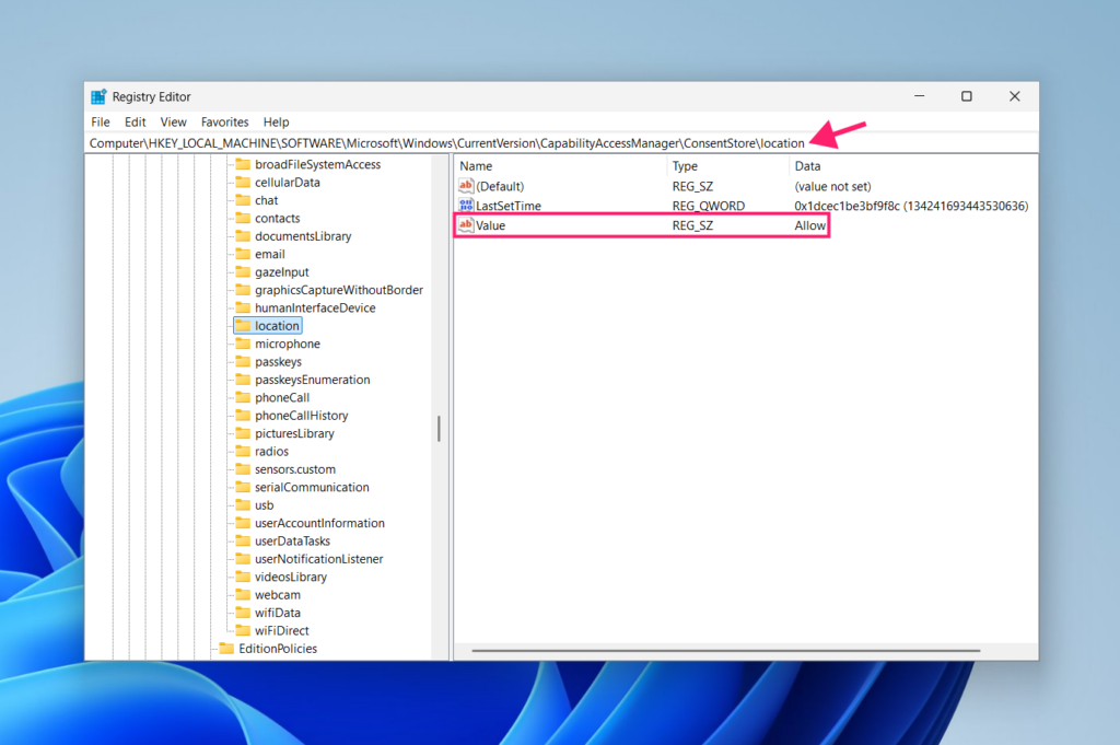 Registry key to allow device-level location access