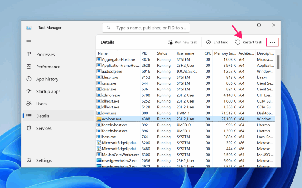 Restart button in task manager
