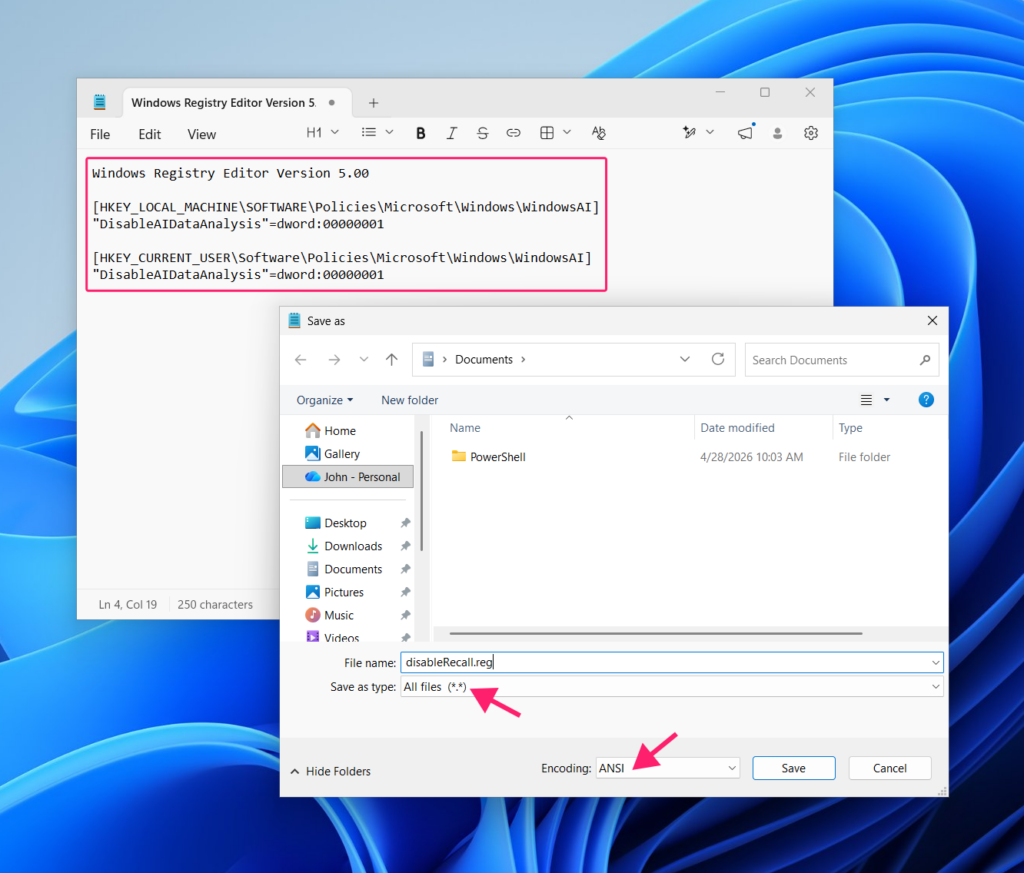 Saving Recall disabling script via Notepad