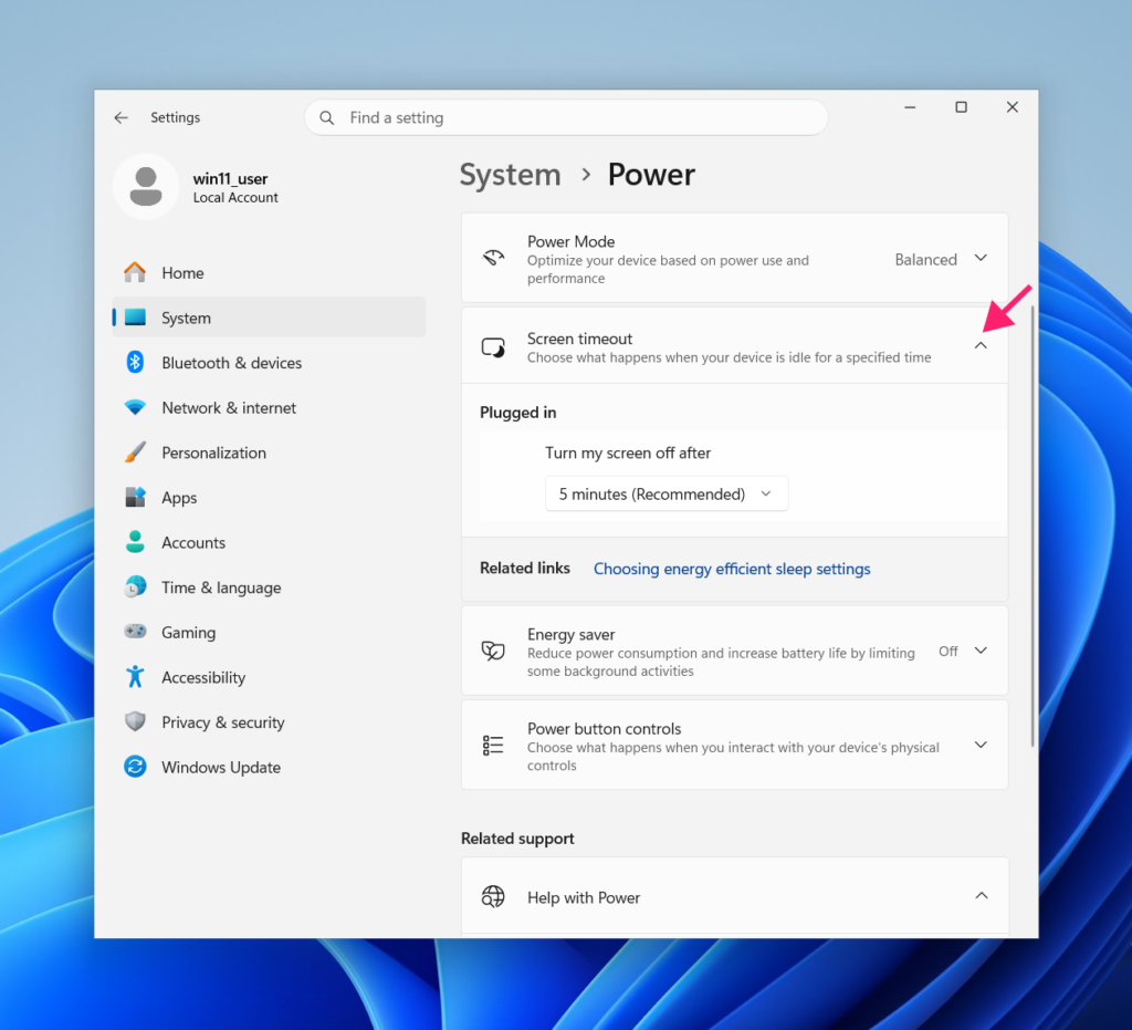 Screen timeout settings on Windows 11 Screen timeout settings on Windows 11