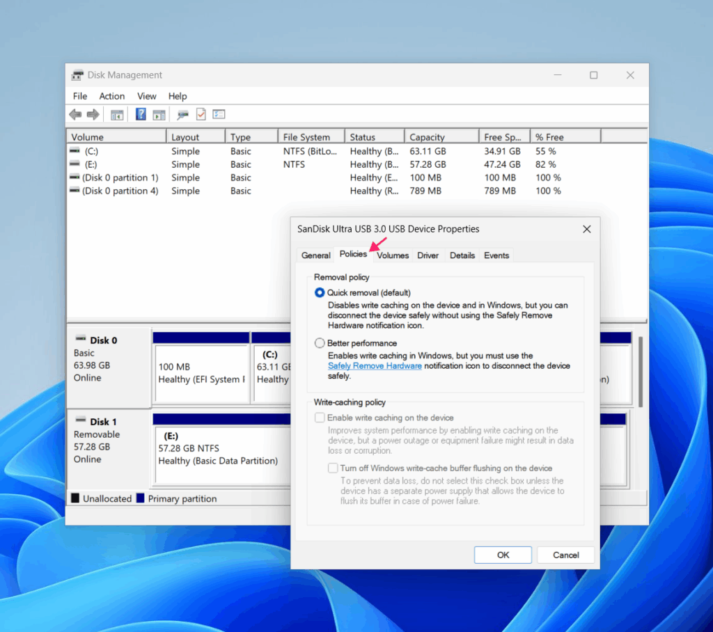 Select device policies from Disk Management