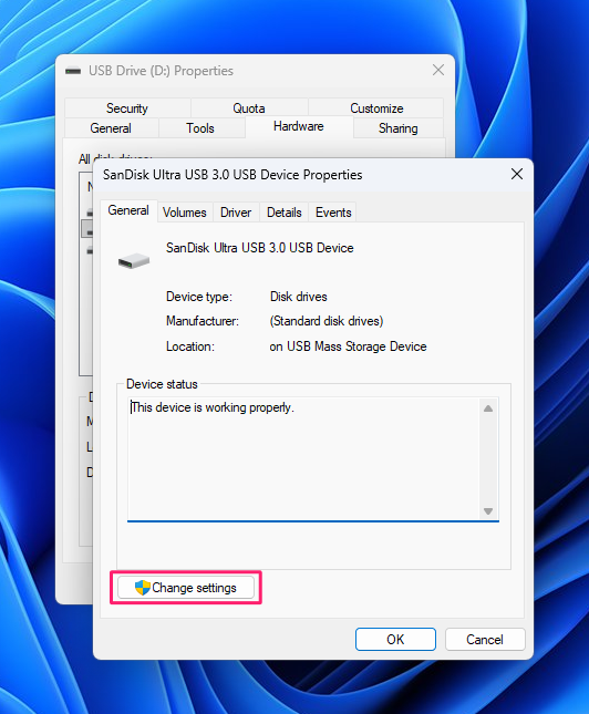 Select device properties from Disk Management