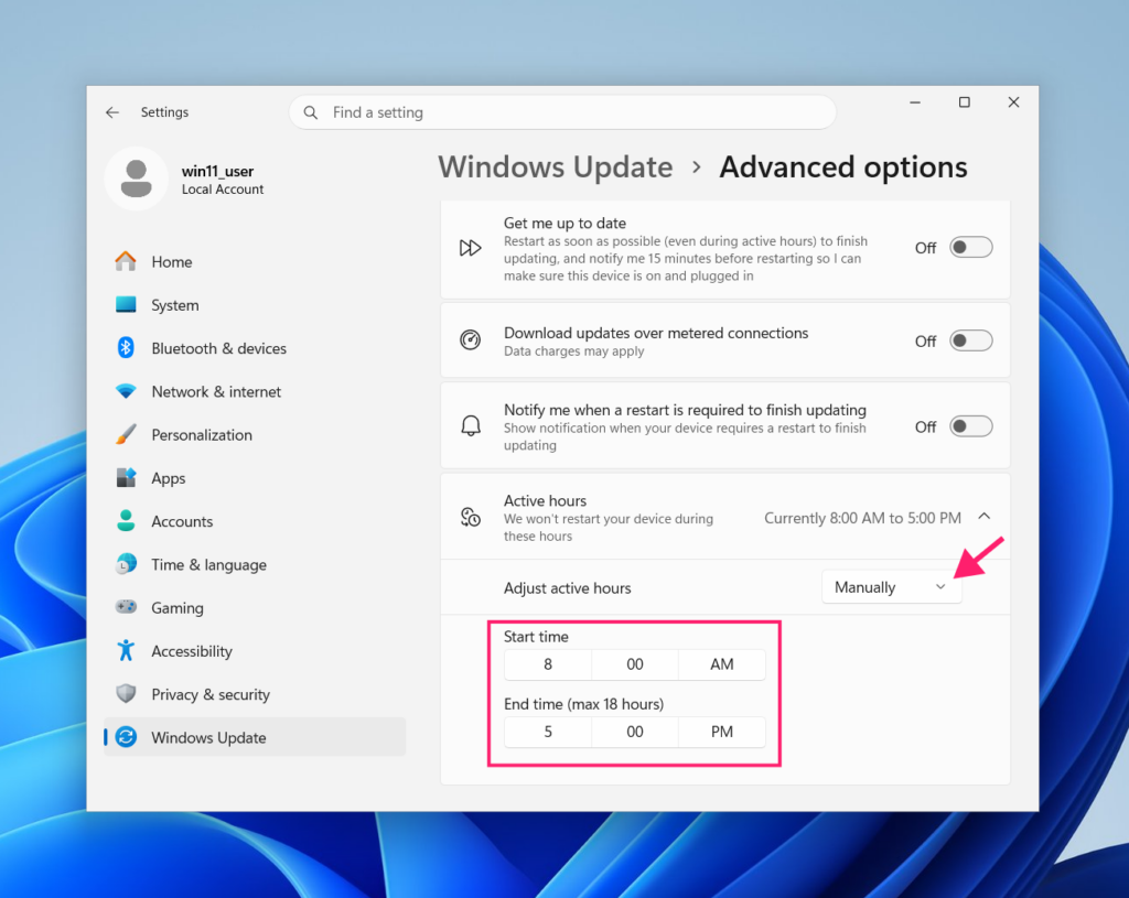 Set custom active hours for Windows Update
