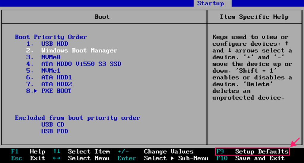 Setup Defaults button on legacy BIOS