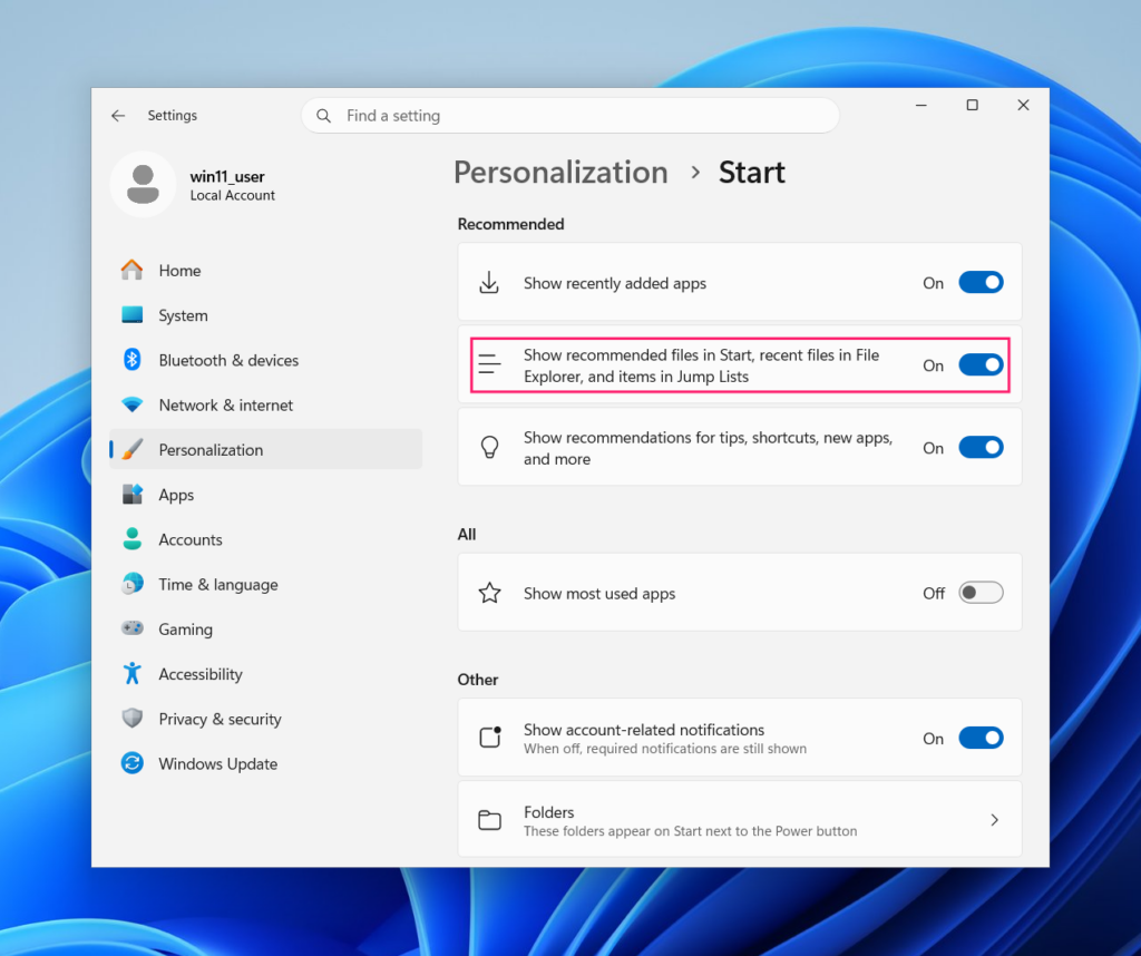 Show recommended files in Start