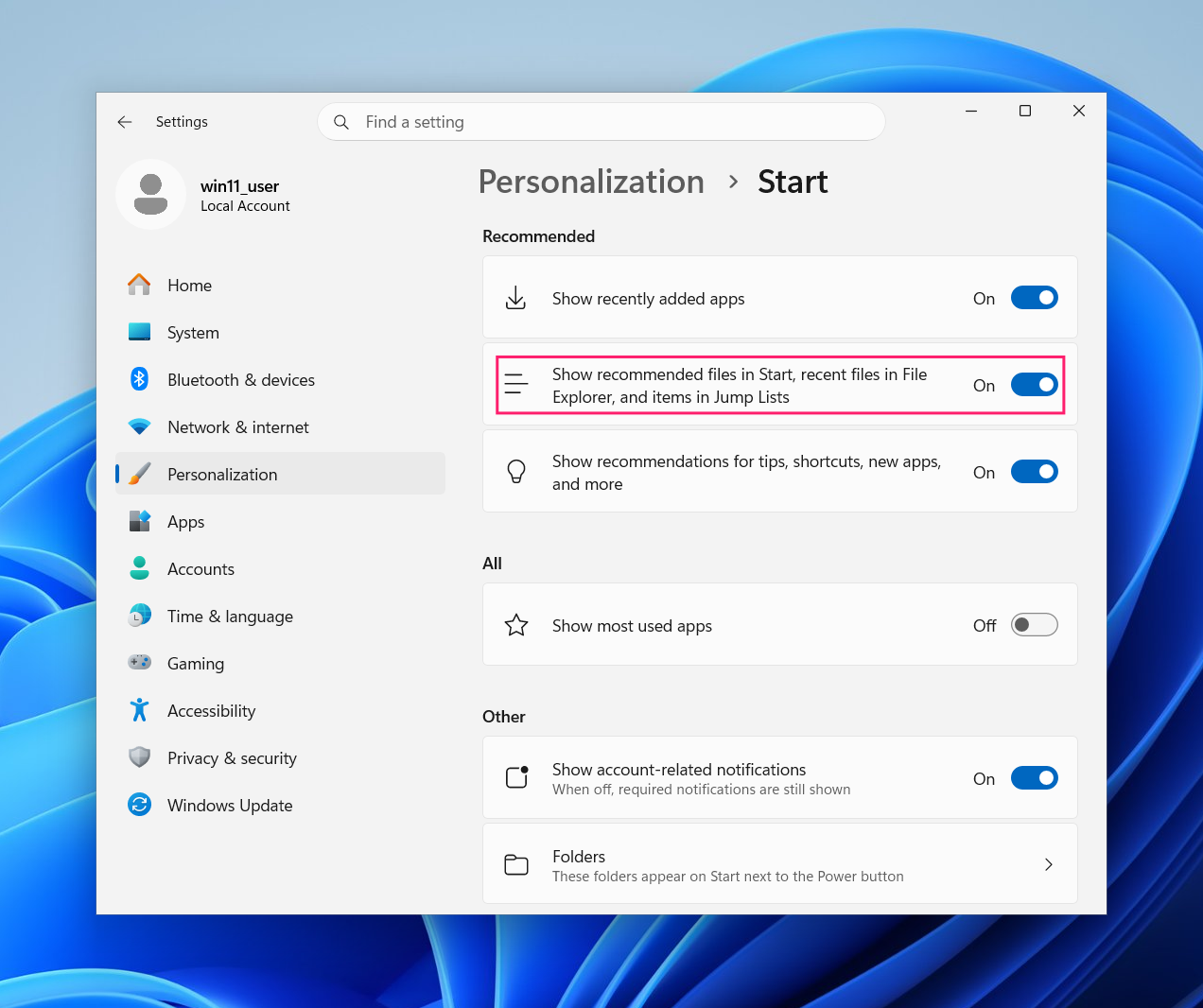 How to clear recent files in Windows 11