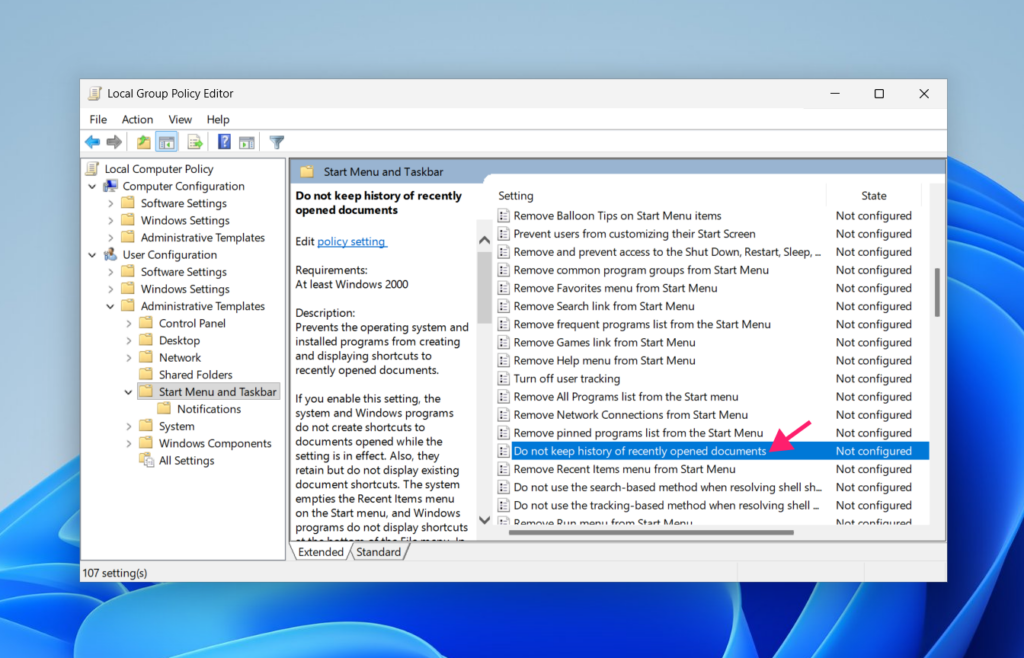 Start menu and taskbar in gpedit