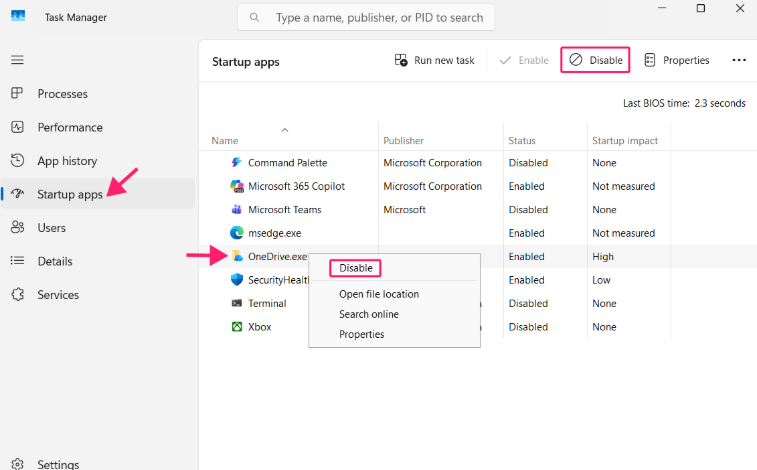 Startup Apps section