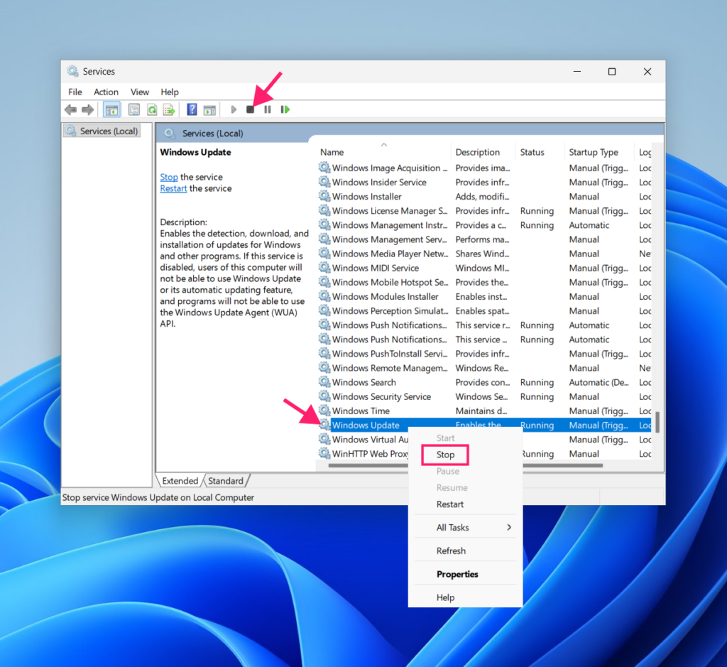 Stop Windows Update from Services tab