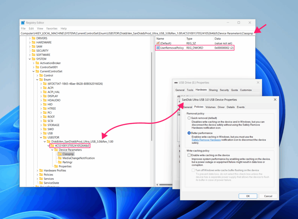 Stored removal policy in Windows 11