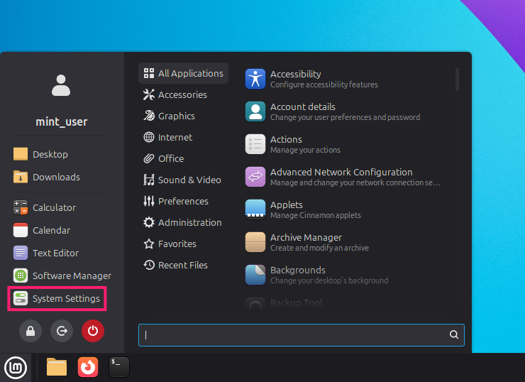 System settings on Linux Mint System settings on Linux Mint