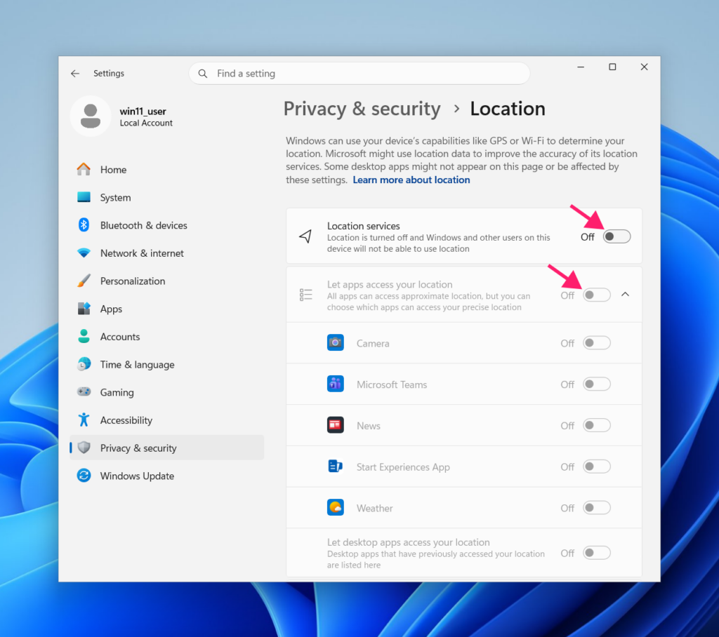 Toggle location services on or off in Windows 11