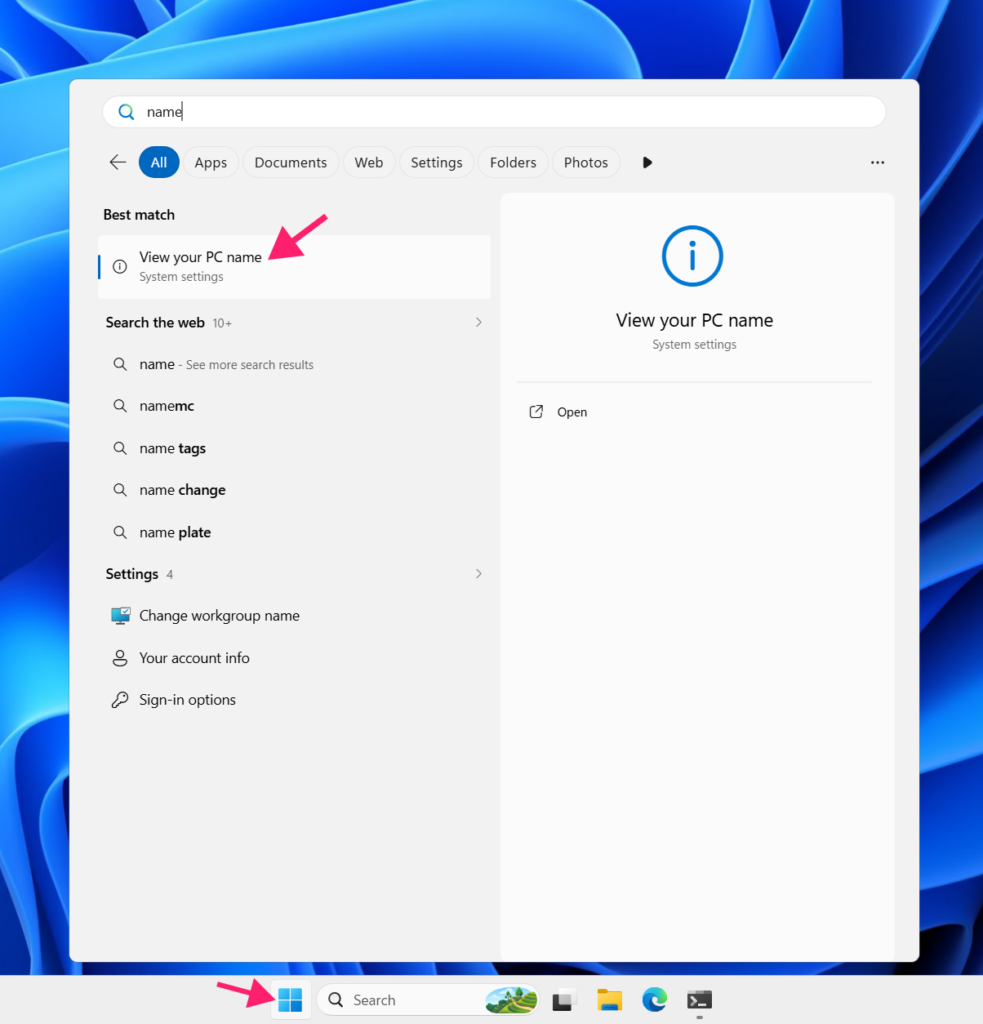 View your PC name through Start Menu