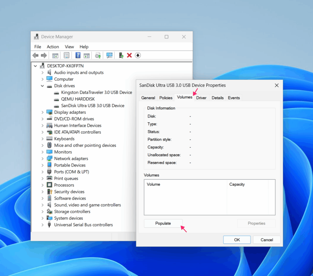 Volumes tab in Device Manager