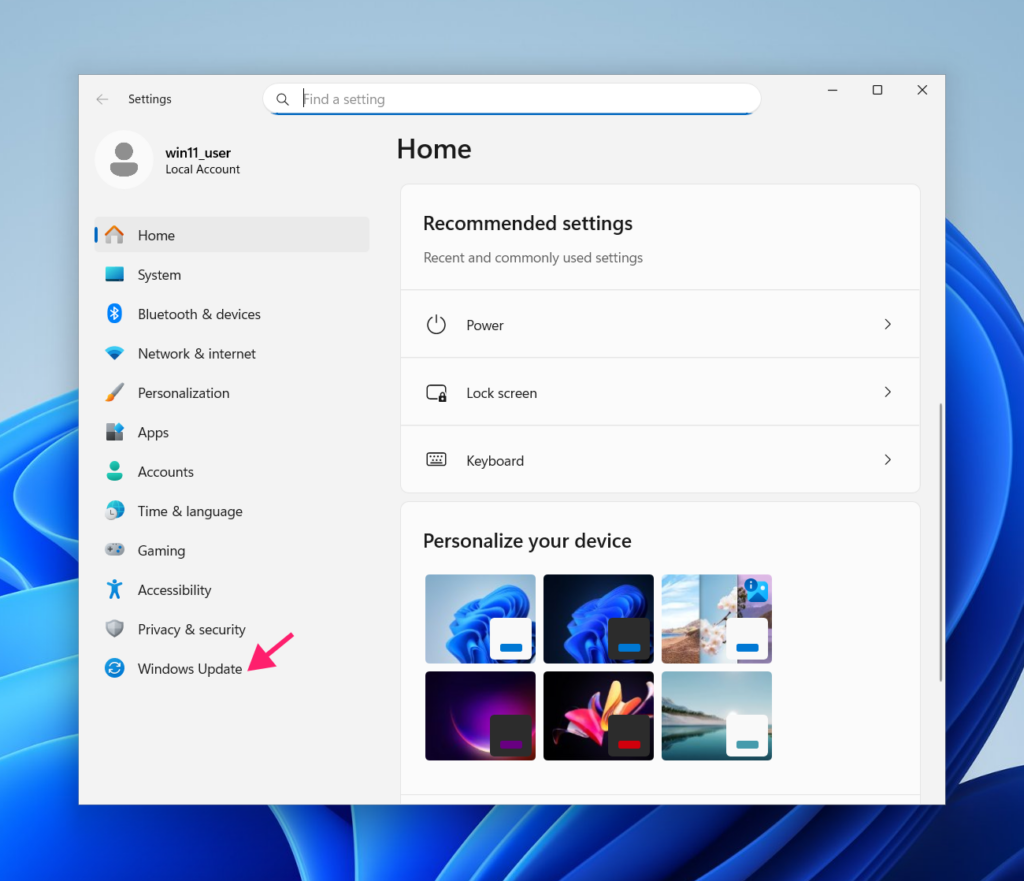 Windows Update in Settings