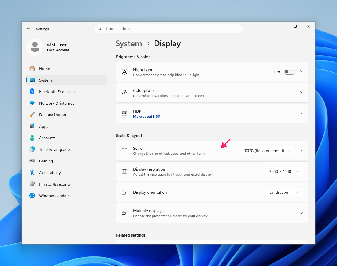 Advanced scaling settings in Windows 11 Advanced scaling settings in Windows 11