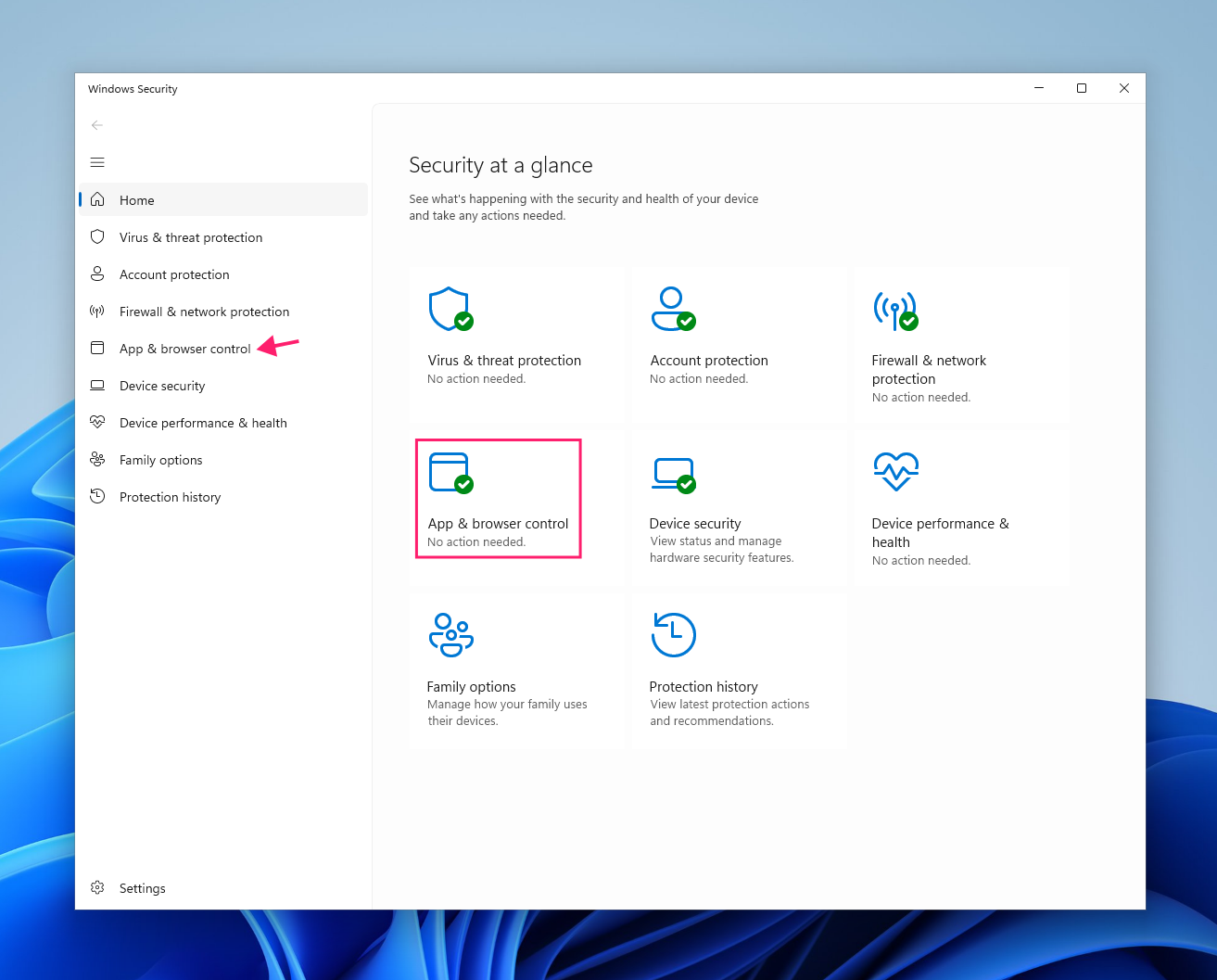 App and browser control in Windows Security settings