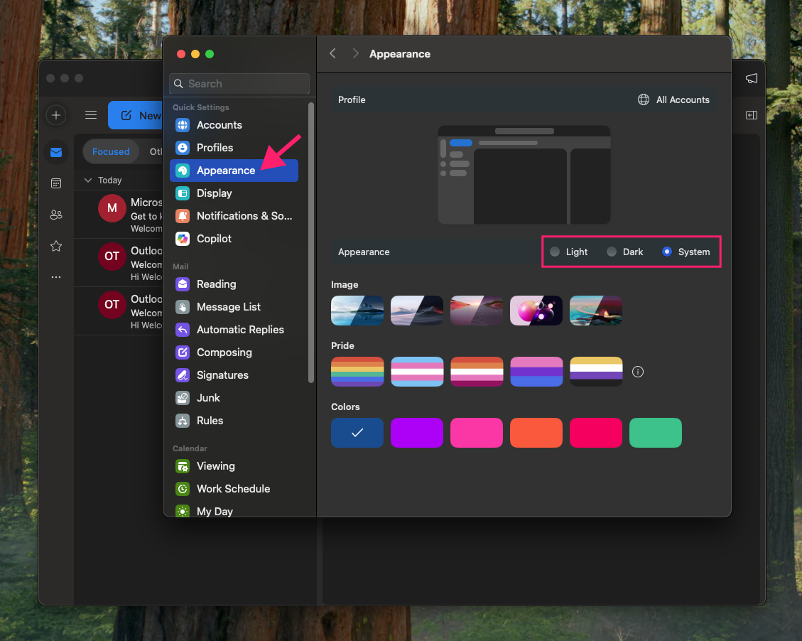Appearance in Outlook for macOS settings