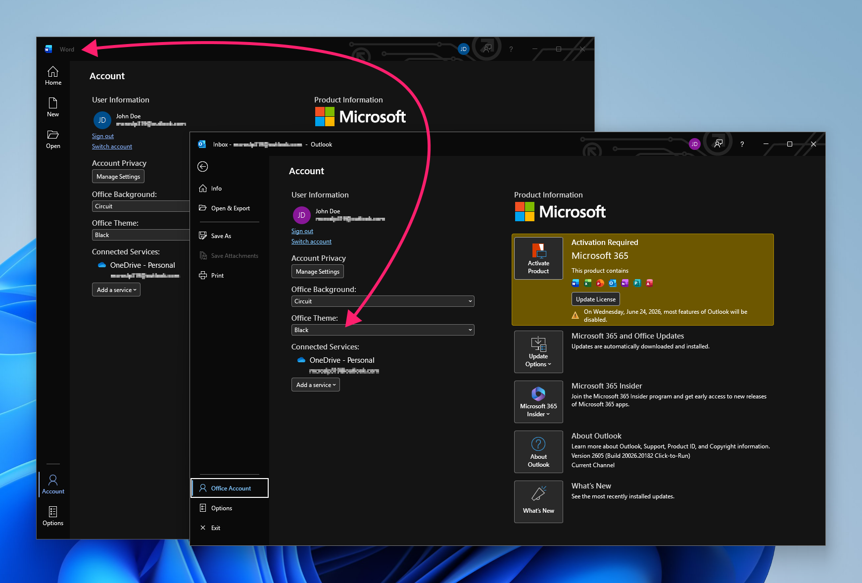 Black theme in Office Account