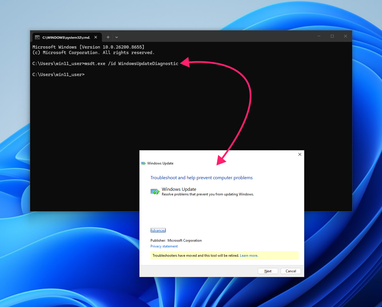 CMD prompt for running Windows update troubleshooter