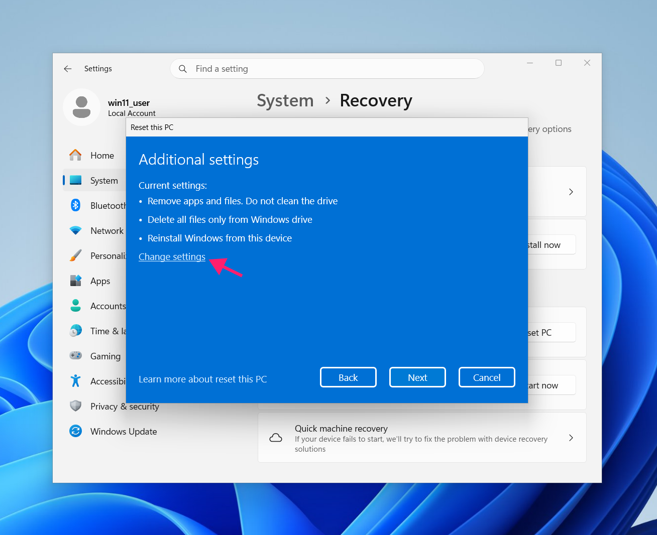 Change settings in Windows Recovery