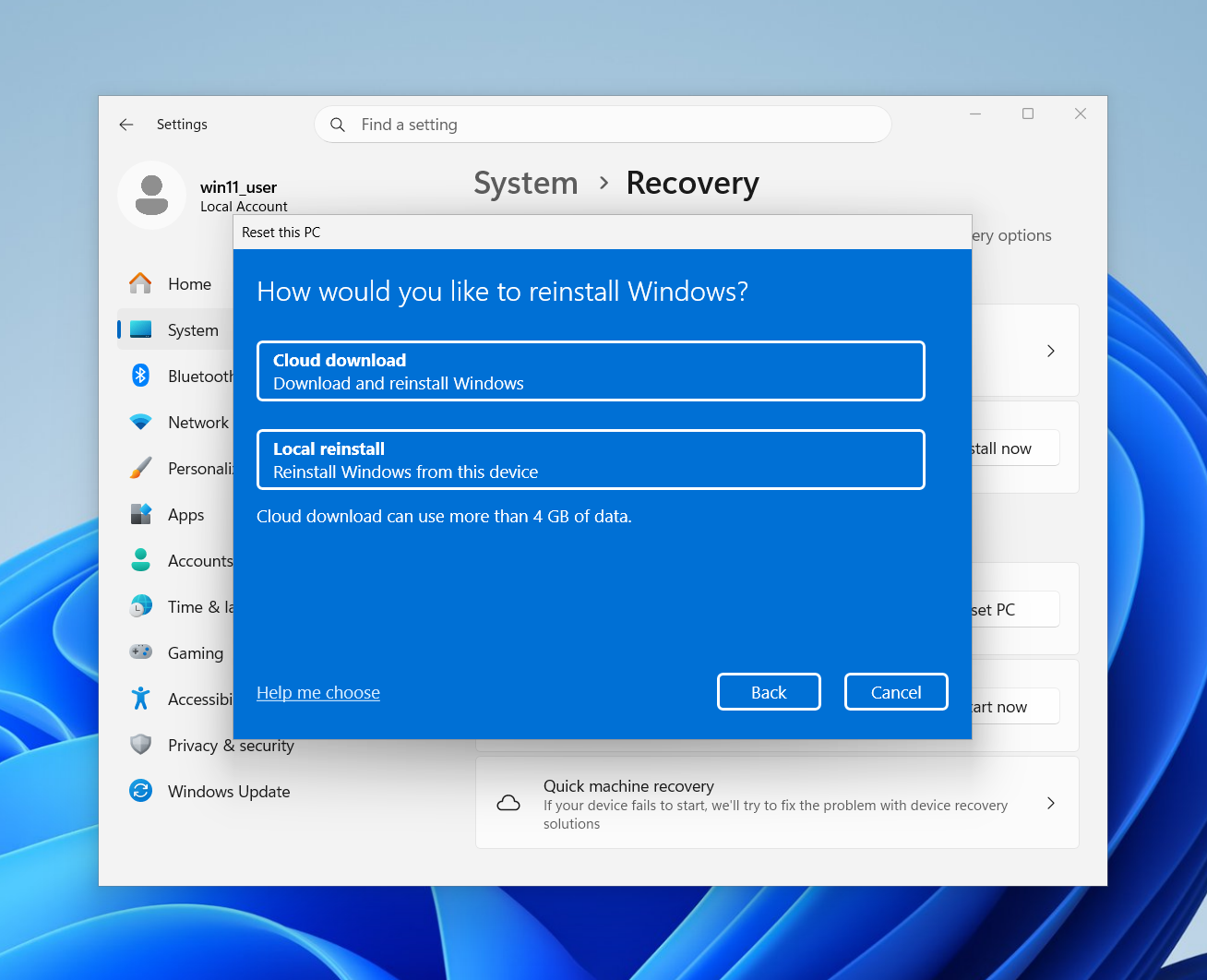 Choose Windows reinstall method