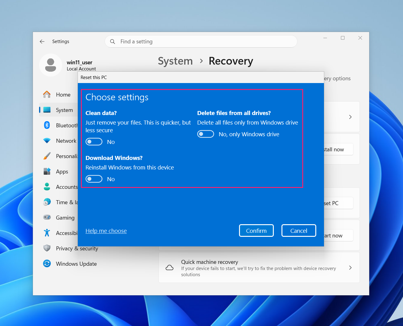 Choose wipe settings in Windows reinstall