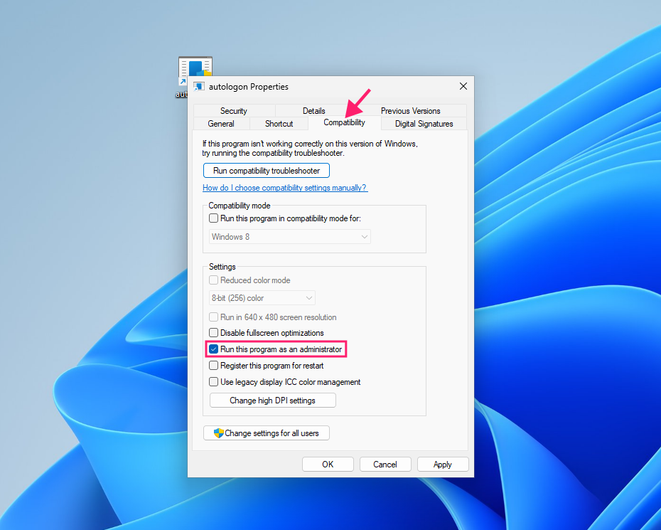 Compatibility tab for executable